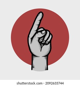 Hand drawn of forefinger or index finger with red moon or sun set vector illustration, engraved, vintage style