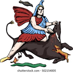 Hand drawn forensic reconstruction of Mithras slaying of a black bull from 4th century artwork