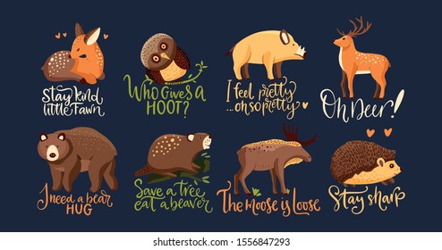 Hand drawn forest animal vector set in a flat style. Woodland cartoon icon funny collection with funny lettering joke quotes moose and hedgehog. Bear, wild boar, fawn deer, owl and beaver fauna.