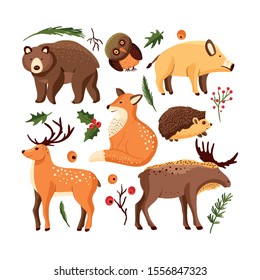 Hand drawn forest animal vector set in a flat style. Woodland cartoon sticker icon funny collection with owl, deer and moose, big brown bear, boar hog and a red, fox.