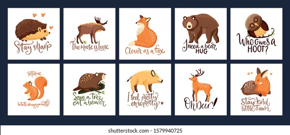 Hand drawn forest animal vector set in a flat style. Woodland cartoon card funny collection with funny lettering joke quotes with moose, fox and squirrel. Bear, wild boar, fawn deer, owl and beaver.