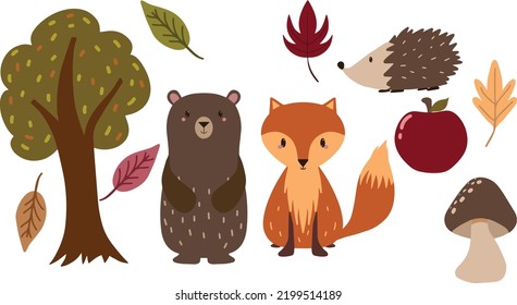 hand drawn forest animals autumn season theme