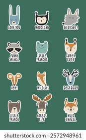 Hand drawn forest animals heads and lettering sticker set. Cute animal illustrations for baby clothes, cards, posters and stickers.	