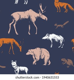 Hand drawn forest animals on blue background.Vector seamless pattern. 