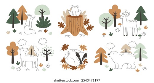 Hand drawn forest animals and plants landscape elements pastel color doodle set. Woodland wildlife drawing with fox, frog, deer, wolf, bear and skunk in autumn parkland art graphic vector illustration