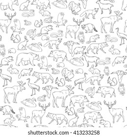 Hand drawn forest animals. Animals seamless background. Vector illustration in line art isolated