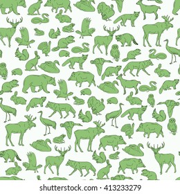 Hand drawn forest animals. Animals seamless background. Vector illustration in line art