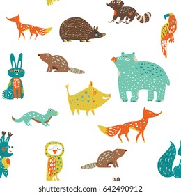 Hand drawn forest animals - seamless pattern. Isolated elements on white background - vector illustration. Design for children apparel, fabric, wrapping paper. Minimalistic cute style.