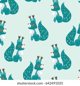 Hand drawn forest animals - seamless pattern. Isolated elements on white background - vector illustration. Design for children apparel, fabric, wrapping paper. Minimalistic cute style.