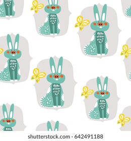 Hand drawn forest animals - seamless pattern. Isolated elements on white background - vector illustration. Design for children apparel, fabric, wrapping paper. Minimalistic cute style.