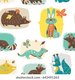 Hand drawn forest animals - seamless pattern. Isolated elements on white background - vector illustration. Design for children apparel, fabric, wrapping paper. Minimalistic cute style.