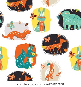 Hand drawn forest animals - seamless pattern. Isolated elements on white background - vector illustration. Design for children apparel, fabric, wrapping paper. Minimalistic cute style.