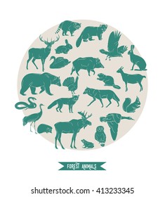 Hand drawn forest animals. Animals silhouettes vintage. Vector illustration in line art isolated