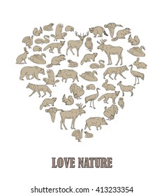 Hand drawn forest animals. Animals silhouettes vintage. Vector illustration in line art isolated