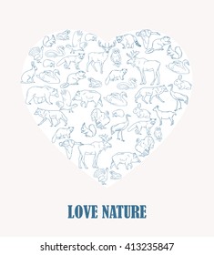 Hand drawn forest animals. Animals silhouettes vintage. Vector illustration in line art isolated