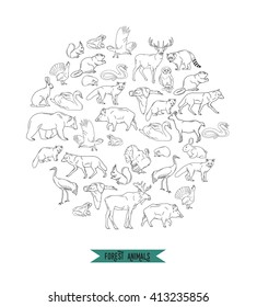 Hand drawn forest animals. Animals silhouettes vintage. Vector illustration in line art isolated