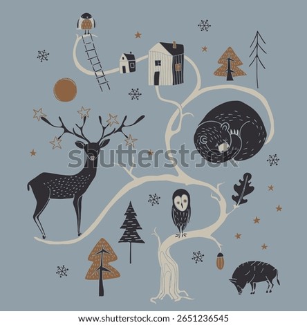 Hand drawn forest animals. Winter oak tree. Cute forest design.