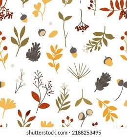 Hand drawn forest Autumn seamless pattern with Fall acron, pine tree branches, pine cones, leaves, herbs and berries. Vector illustration background with clipart elements. Flat cartoon style