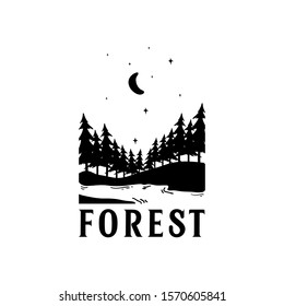 hand drawn forest badge with pine trees textured vector illustration logo vector