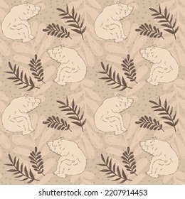 Hand Drawn forest bear and branches with leaves on organic background, Vector Seamless pattern For fabrics, clothing, decoration, home decor, cards and templates, wrapping paper, kids prints.