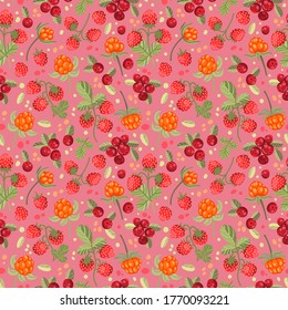 Hand drawn forest berries. Stylized lingonberry, strawberries, cloudberries on pink background. Vector seamless pattern