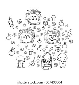 hand drawn forest collection with hedgehog