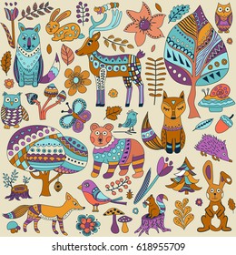 Hand drawn forest elements. Vector illustration.