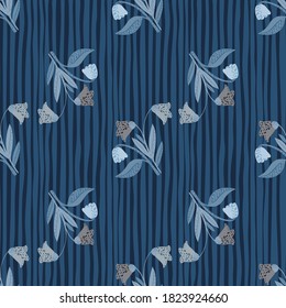 Hand drawn forest flowers silhouettes seamless doodle pattern. Village plants elements with stripped background in navy blue palette. For fabric design, textile print, wrapping. Vector illustration