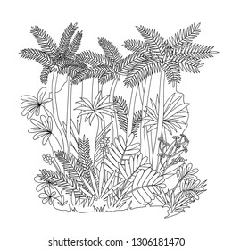 Hand drawn forest illustration. Beautiful vector illustration of  tropical rain forest.