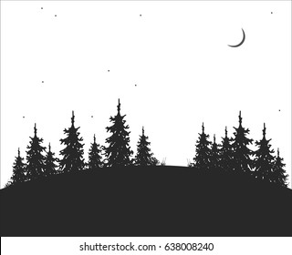 hand drawn forest landscape with moon