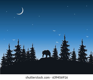 hand drawn forest landscape with moon, birds and bear