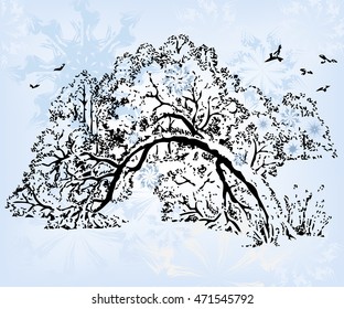 Hand drawn forest landscape. Old curve trees and crow. Modern style.