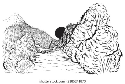 Hand drawn forest mountain landscape