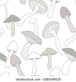 Padrão de vetor de cogumelos florestais desenhado à mão. Plano de fundo perfeito em cores pastel.