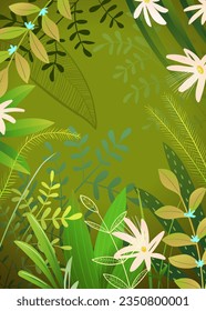 Naturaleza boscosa a mano con plantas de leves y flores. Ilustración del cuadro del doodle tropical para eventos y folletos. Gráficos vectoriales de naturaleza colorida en estilo acuarela.