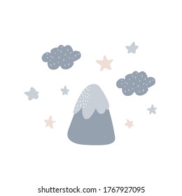Hand drawn forest objects set. Creative scandinavian woodland background with trees, stars, clouds and mountains. Vector illustration