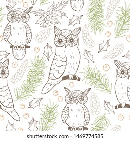 Hand drawn forest owls.Vector seamless pattern 