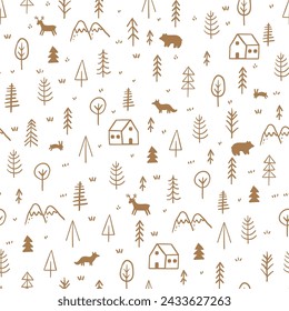 Hand drawn forest pattern. Seamless pattern with winter trees and wood houses, mountain, animals. Doodle print for wrapping paper with pine, christmas tree. Vector background. Deer and bear characters