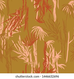 Hand drawn forest print with bamboo plants. Floral pastel brown seamless pattern.