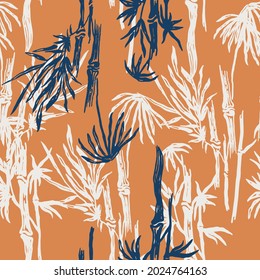 Hand drawn forest print with bamboo plants. Beauty pale orange seamless pattern.