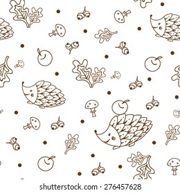 hand drawn forest seamless pattern with hedgehog and apples.