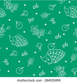 hand drawn forest seamless pattern with hedgehog and apples.