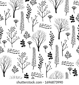 Hand drawn forest seamless. Vector illustration. Manual graphics. Suitable for decorating various surfaces. 