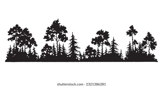 Hand drawn forest silhouette, Forest design, trees drawing, forest background, tatoo design, clipart