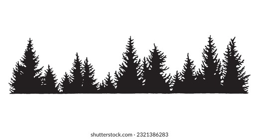 Silhouette de bosque dibujado a mano, Diseño forestal, dibujo de árboles, fondo forestal, diseño de tatuajes, clipart