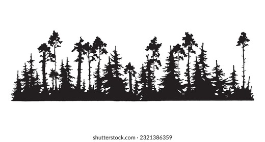 Hand drawn forest silhouette, Forest design, trees drawing, forest background, tatoo design, clipart