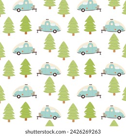 Hand drawn forest and trailer - camping childish background. Vector illustration can used for wallpaper, poster, print for clothes, bedclothes, textile for kids room. Cartoon style. 