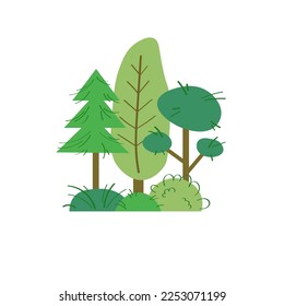 Hand drawn forest trees collection isolated on white background. Save the planet, bio farming, ecology. Woodland plants, bush,fir-tree.Botanical garden vector . Green nature flat elements