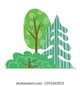Hand drawn forest trees collection isolated on white background. Save the planet, bio farming, ecology. Woodland plants, bush,fir-tree, green nature,botanical garden, vector flat illustration