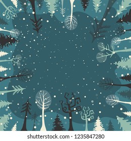 hand drawn forest trees on a snowy winter night with dark blue sky in the middle - flat vector illustration